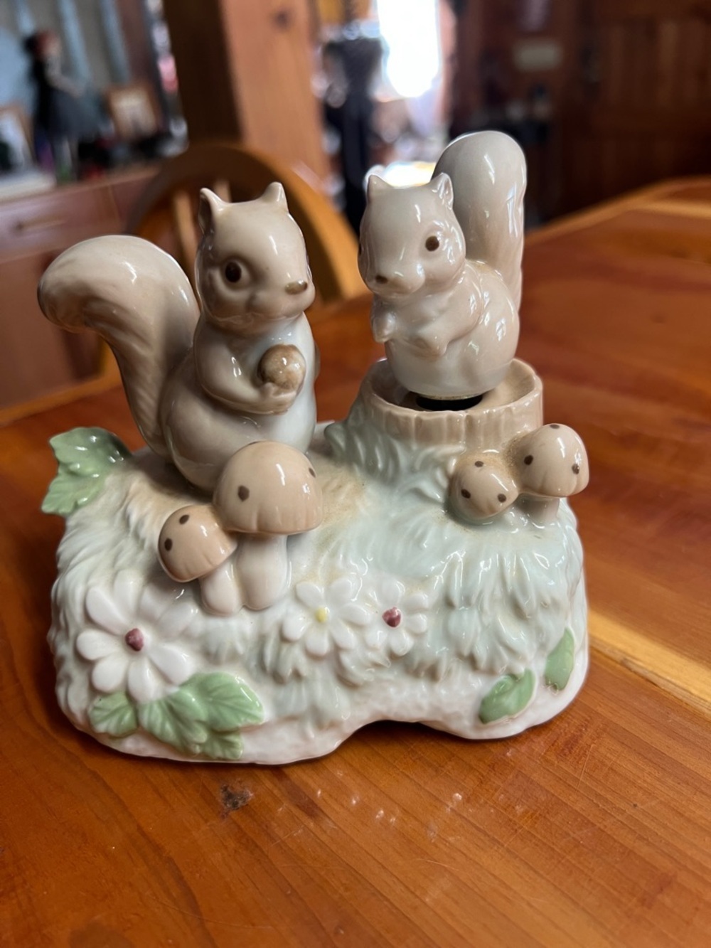 Porcelain Squirrel Figurine Duo with Mushrooms and Flowers Musical